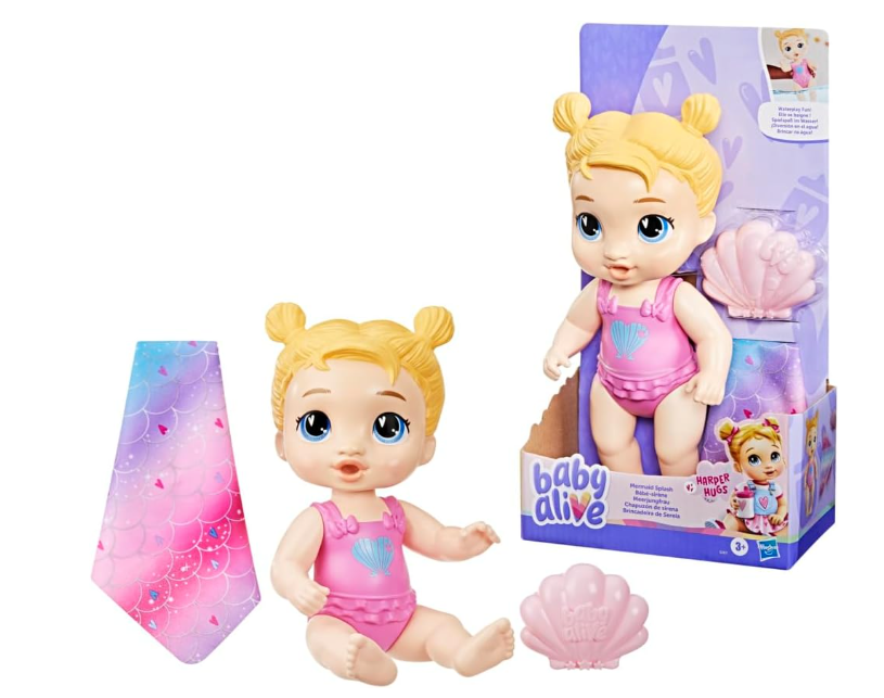 Baby Alive Mermaid Splash Harper Hugs Waterplay Doll, Blonde Hair, 11 Inches, Water Safe Toys for 3 Year Old Girls and Boys & Up,Nurturing Dolls, Pre-school