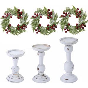 Mumufy 6 Pcs Christmas Candle Holders for Pillar Candles Rustic Wooden Farmhouse Vintage Christmas Table Centerpiece Decoration Tall Xmas Candlestick Wreath Ring for Dinning Fireplace Mantel Decor