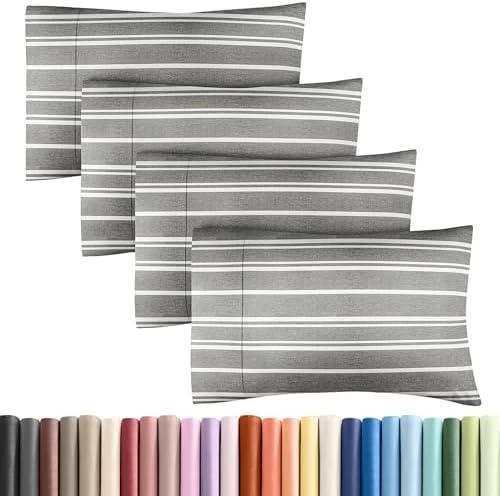 Queen Size Pillowcases Set of 4, Hotel Quality Ultra Soft Comfortable Pillowcases for Women, Men, Kids & Teens, Wrinkle Free, Machine Washable - Grey Stripes