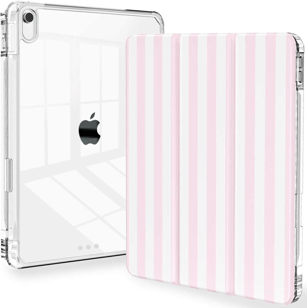 Feams Case for iPad (A16) 11th Generation 11 Inch 2025, iPad 10th Generation 10.9 Inch 2022, Slim Tri-Fold Stand Clear Back Cover with Pencil Holder & Auto Sleep, Pink Stripes