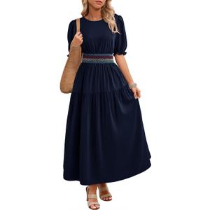 Dokotoo Women's Summer 2026 Casual Midi Maxi Dresses Lightweight Short Sleeve Crew Neck Elastic Waist Smocked Boho Dress (M)
