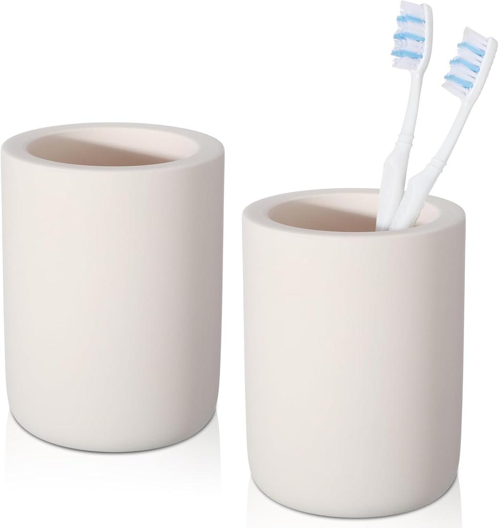 Remerry 2 Pack Stone Toothbrush Holder Diatomite Toothbrush Holders for Bathroom Fast Drying Electric Tooth Brush & Toothpaste Cups for Bathroom Countertop Organizer(Beige)