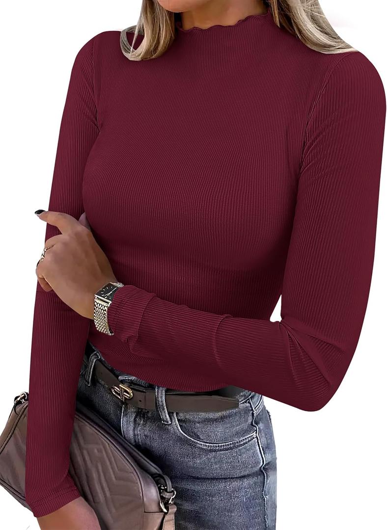 ANRABESS Women's Lettuce Trim Mock Neck Long Sleeve Tops 2025 Casual Dressy Ribbed Knit Slim Fit Tee Shirt Fall Layer Outfits (Wine Red, S)