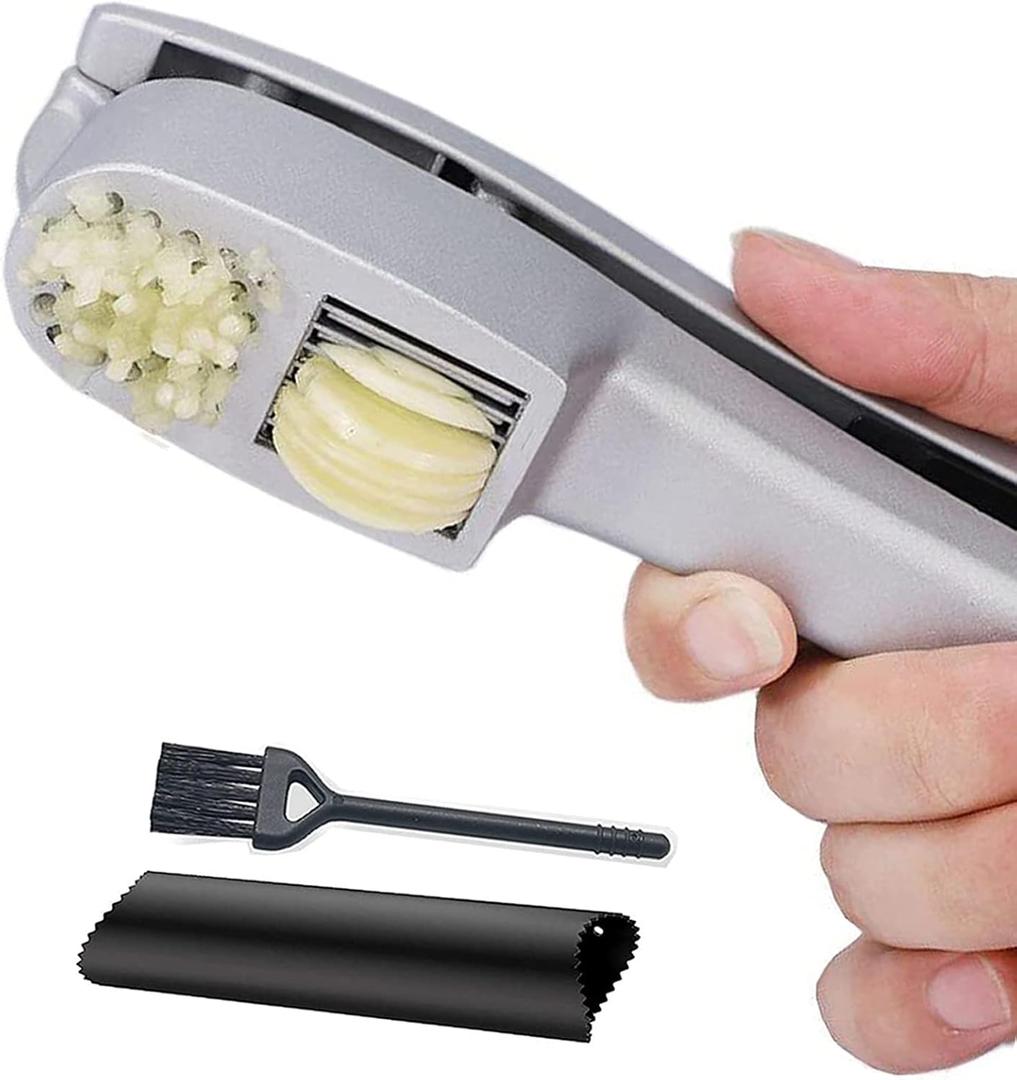 Garlic Press 2-in-1 Mincer, Crusher and Slicer with Peeler & Brush  Rustproof, Dishwasher Safe, Ergonomic Handle for Easy Squeeze and Cleaning