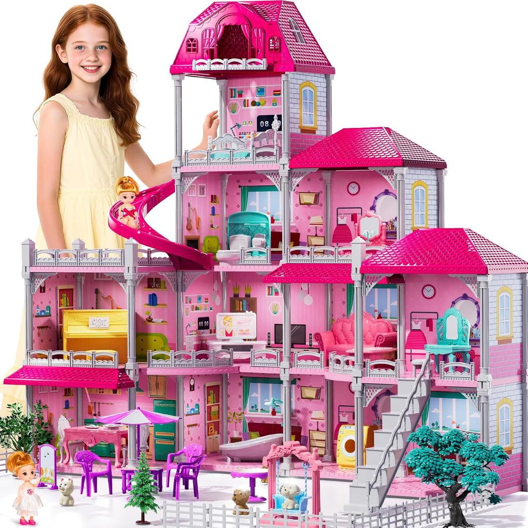 Villa Playset for Girls Ages 3-7, Indoor Playset Girls Toys for Ages 6-8 with 4 Storeys 11 Rooms 2 Dolls, Furniture and Accessories, Pretend Toddler Toy, Birthday Gifts for Kids 3 4 5 6 7 8