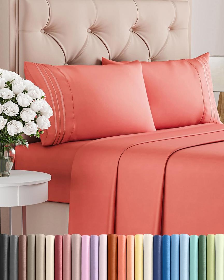 Queen Size 4 Piece Sheet Set - Comfy Breathable & Cooling Bed Sheets Set - Hotel Luxury Bedding for Women, Men, Kids, Teens, Boys & Girls - Deep Pockets, Ultra-Soft, Wrinkle Free - Oeko-Tex - Coral
