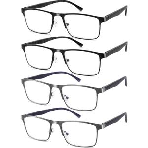 4-Pack Mens Reading Glasses Blue Light Blocking,Spring Hinge Stylish Metal Full Frame Readers for Men Anti Glare Filter Eyeglasses +1.75