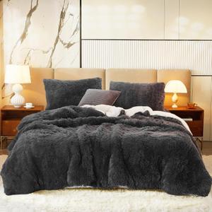 Flysheep Luxury Faux Fur Shaggy Comforter Set King Size, Plush & Sherpa Reversible Comforter Black, 3 Pieces Fluffy Fuzzy Bedding Set Ultra Soft and Warm for Winter (1 Comforter + 2 Pillowcases)