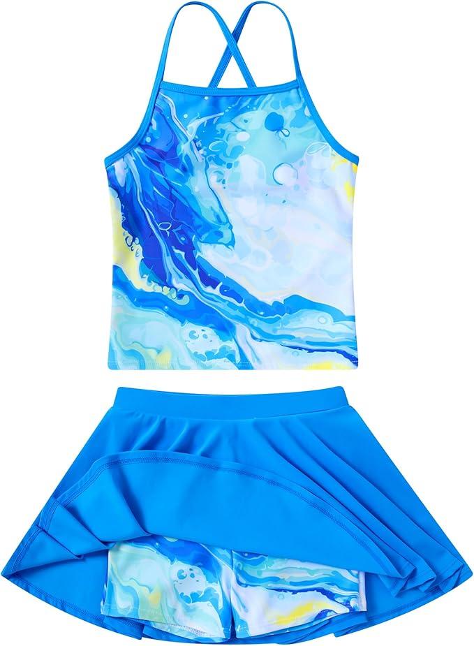 Girls Tankini Swimsuit Mermaid Bathing Suits Criss-Cross Strap Adjustable Summer Beach Two Piece Swimwear, Size 11 T