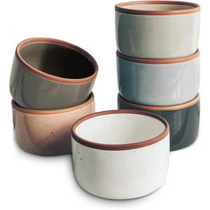 Mora Ceramic Ramekins - 8oz, Set of 6 - Small Oven Safe Baking Dishes/Cups - For Personal Pudding, Creme Brulee, Souffle, Serving Dip, Custard, Ice Cream - Single Mini Bowls - Assorted Neutrals