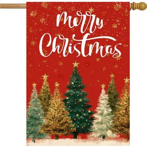 Christmas Trees House Flag 28x40 Double Sided Merry Christmas Garden Flags for Outside, Welcome New Year Winter Yard Outdoor Flag Holiday Decorations