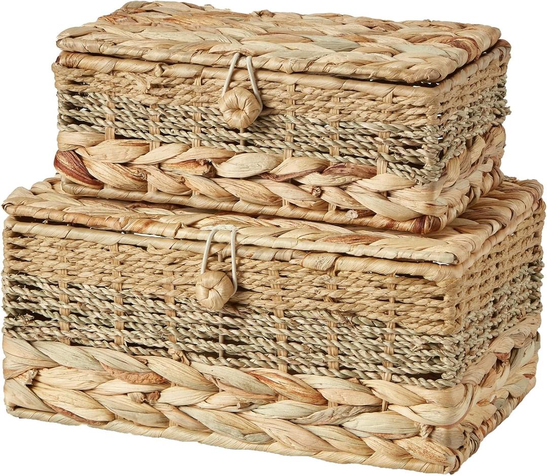 2PCS Wicker Storage Baskets with Lids Decorative Bohemian Handmade Rattan Boxes Natural Water Hyacinth Seagrass Paper Rope Woven Bins Shelf Container Memory Keepsake Photo Makeup Organizer (Set of 2 ( 1 Large 1 Small ))