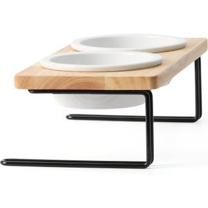 FUKUMARU Elevated Cat Ceramic Bowls, Small Dog Raised Food Feeding Dishes, Solid Wood Water Stand Feeder Set for Cats and Puppy (Beige)