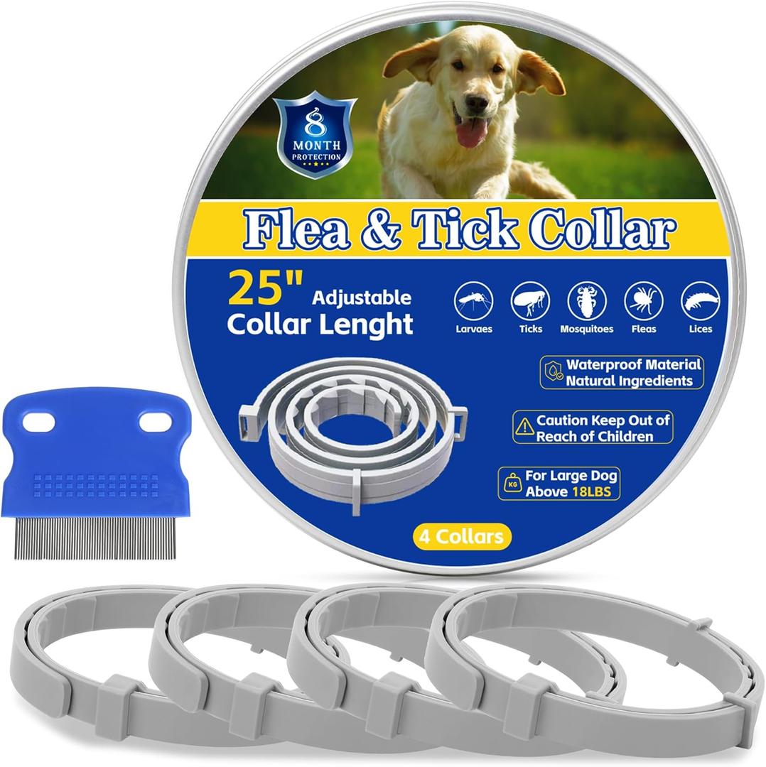 Flea & Tick Collar for Dogs 4 Pack - 8 Months Long-Lasting Protection and Prevention, Waterproof Dog Flea and Tick Collar, Adjustable for Small Medium and Large Dogs (25", Blue)