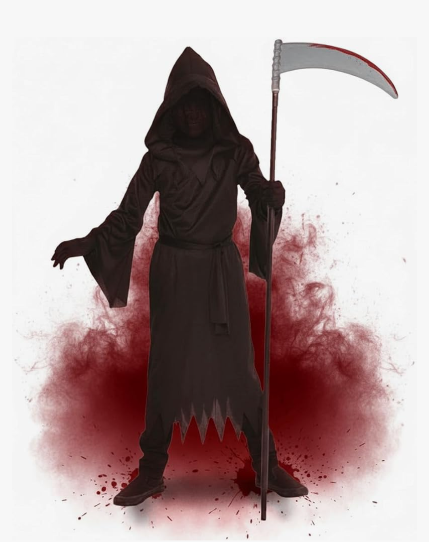 Grim Reaper Costume for Kids Boys - Black Robe With Hood, Ghost Phantom Halloween Scary Cool Reaper Cloak. Black, like new. incomplete