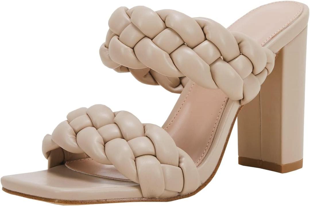 VETASTE Women's Braided Heeled Sandals Chunky Heels Mules Square Open Toe High Block Heel Sandals (5, Nude)