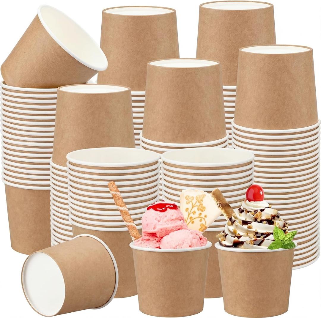 Honeydak 200 Pcs Kraft Paper Ice Cream Cups Disposable Dessert Bowls for Hot or Cold Food Brown Paper Snack Containers for Sundae, Frozen Yogurt, Soup Baby Shower Party Supplies (11 oz,Brown)