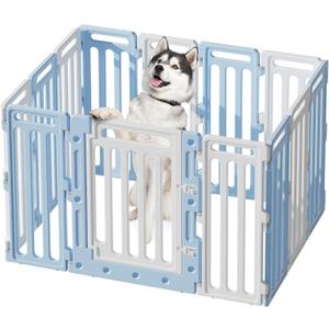 Dog Fence Pet Playpen Clear Puppy Cat Medium Small Play Pen Foldable Kennel Indoor Outdoor Whelping Box for Dogs with Gate (Blue + White, 12 Panels+1 Door)