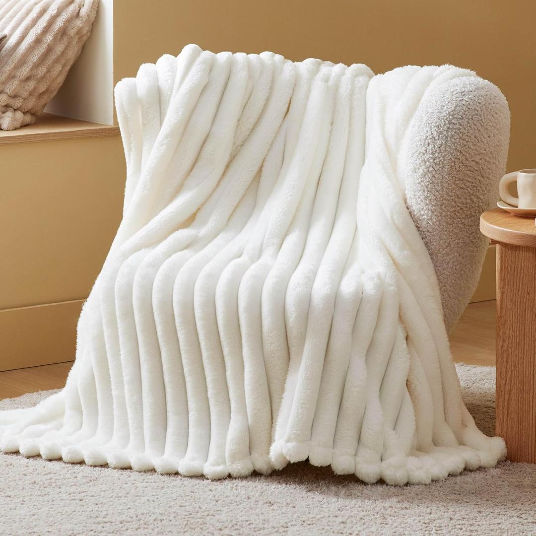 Bedsure White Throw Fleece Blanket for Couch - Super Soft Cozy Blankets for Women, Cute Small Throws for Girls, 50x60 Inches, Wider Striped Design (Throw (50" x 60"), White)