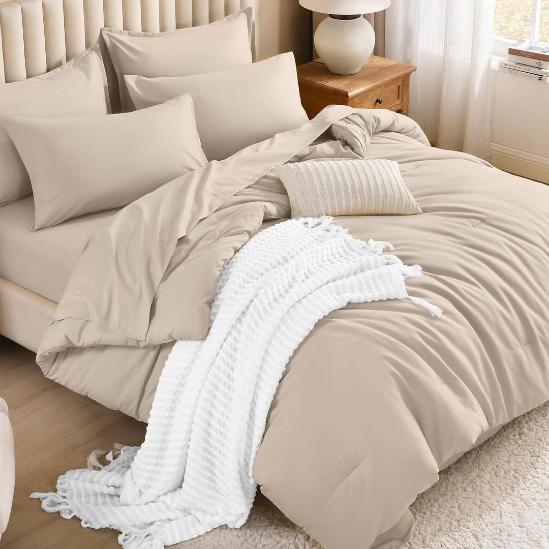 Litanika Comforter King Size Set Khaki - 7 Pieces Bed in a Bag King Bedding Comforter Sets, Plain Lightweight Bed Set with Comforter, Sheets, Pillowcases & Shams (King (104"x90"))