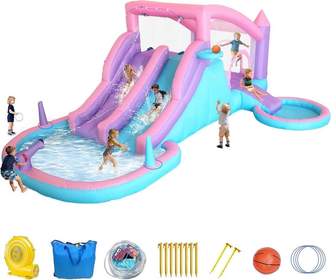 9-in-1 Inflatable Water Slide Bounce House 3 Slides Splash Pool Water Cannon Ball Pit Basketball 520W Blower 197x148x75 Inches Backyard Water Park for Kids Ages 3-8, Lager
