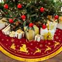 Christmas Tree Skirt 36 Inch, Gold Santa Reindeer Snowflake Merry Xmas Decor, Winter Christmas Tree Mat for Home Party Holiday Indoor Outdoor Decorations