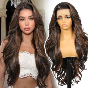 Brown Highlight Synthetic Lace Front Wig,136 Body Wave HD Lace Glueless Wigs for Women Natural Daily Use 28IN