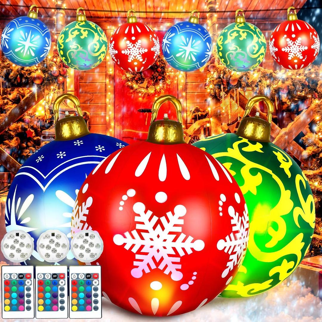 Jetec 3 Pcs 24 Inch Light up PVC Inflatable Christmas Ball Giant Inflatable Christmas Ornaments Balls Christmas Outdoor Decorations Large Weight Stand Firmly Yard(Vivid Style)
