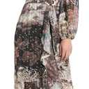 Metallic Animal Print Satin Chiffon Wrap Dress W/Long Sleeves, Ruffle Cascade Front & Tiered Hem (Size 8)