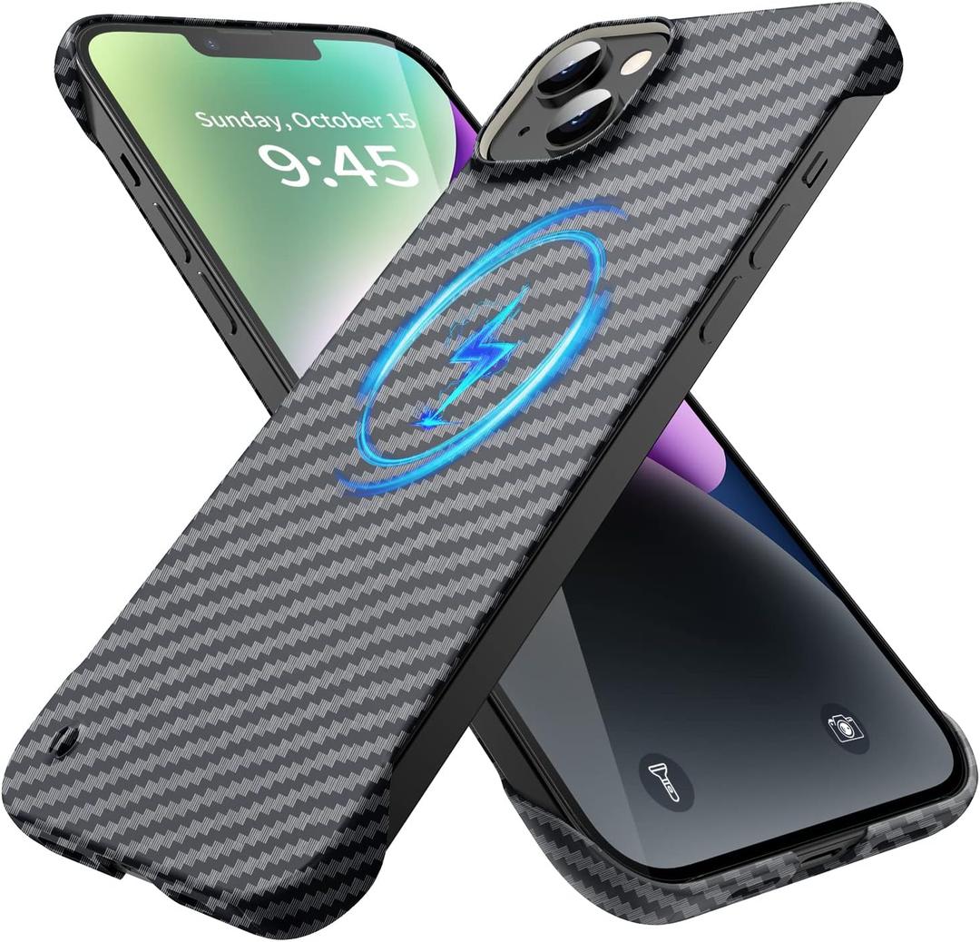 Magnetic Ultra-Thin Frosted Soft Touch Skin Borderless Carbon Fiber Bump Texture for iPhone 14 Case 6.1" Slim Minimalist Lightweight Frameless Matte Hard for MagSafe Cover Case-Black