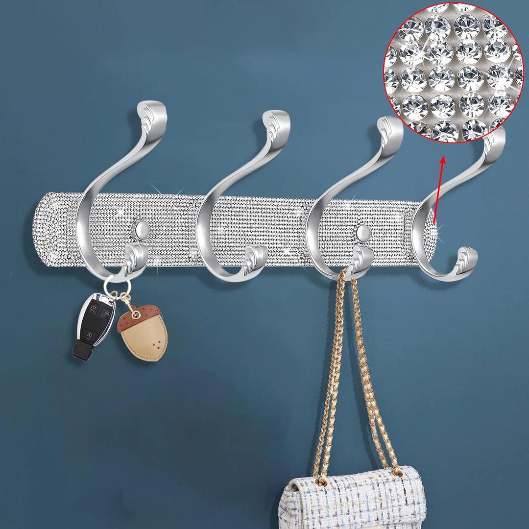 BlackFish Coat Rack Wall Mount,Rhinestone Type Wall Mounted Coat Rack - 4 Hooks,Purse Hanger,Coat Hanger Wall Mount,Wall Coat Rack for Bathroom Kitchen Entryway (1 Pcs)