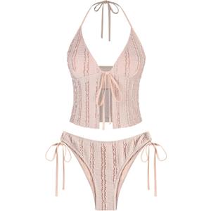 ZAFUL Tankini Swimsuits for Women Smocked Ruffles Tie Front Bowknot Textured High Cut Tanga Tankini Set (Pink), L