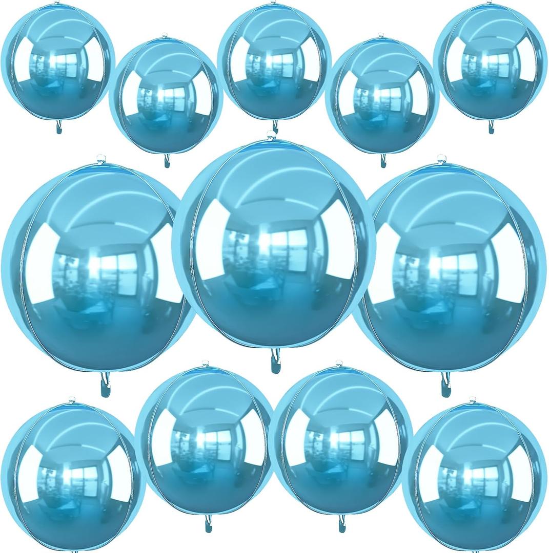 12Pcs Light Blue Round Foil Balloons, 22" 15" 10" 4D Helium Ball Balloon, Metallic Pearl Blue Foil Balloon for Birthday Graduation Wedding Anniversary New Year Eve Disco Prom Party Decorations