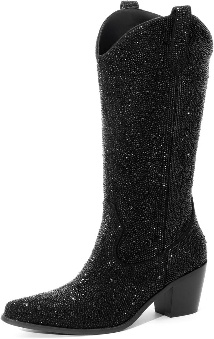 Womens Rhinestone Cowboy Boots Mid Calf Pointed Toe Sparkly Block Heel Cowgirl Boots with Pull On Tabs (6.5, Black)