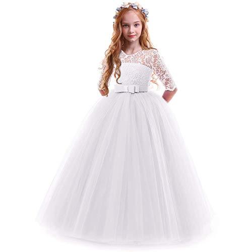 Flower Girl Wedding Bridesmaid 3/4 Sleeves Kids Floral Lace Pageant Communion Princess Dress Prom Evening Dance Gown White 9-10 Years 150