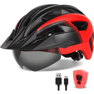 Adult Bike Helmet with Visor and Goggles for Men Women Mountain Road Bicycle Helmet Rechargeable Rear Light Cycling Helmet