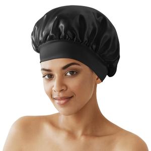 Silk Bonnet for Sleeping Women - Waterproof Shower & Sleep Hair Protector, Adjustable Silk Night Cap for Curly/Natural Hair (Large, Black)