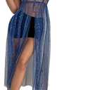 Women's Tulle Sheer Mesh Sequin Swimsuit Cover Up Sparkly Flowy Long Maxi Slit Dress Rave Festival Sexy Outfits Blue (Blue, M)
