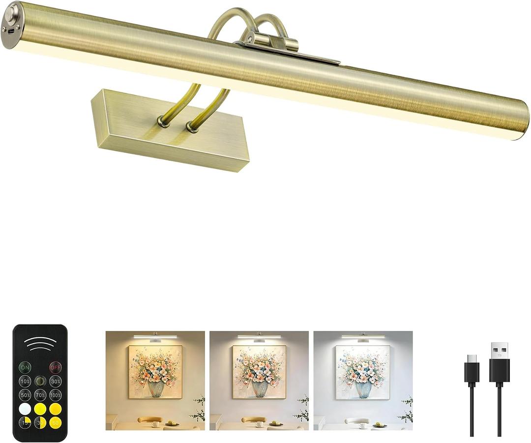 Picture Light,Magnetic Cordless Wall Light,16inch Art for Painting Light,5000mAh Battery Accent Light with Remote Timer and Dimmable for Display, Frame, Portrait, Artwork-Antique Brass