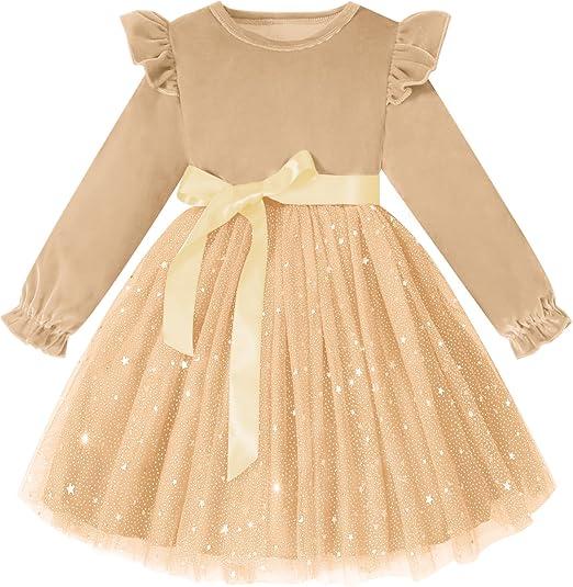 Neutocd Toddler Baby Girl Christmas Dress Long Sleeve Velvet Sequin Tulle Ruffle Winter Party Holiday Dress for Girls