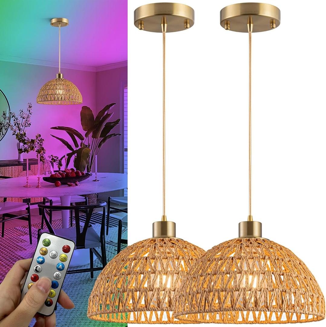 Battery Operated Pendant Light with Remote-Battery Chandelier Handwoven Rattan, Battery Hanging Light 50+Hours Long Life USB Rechargeable Light Bulb,Perfect for Kitchen Island Light