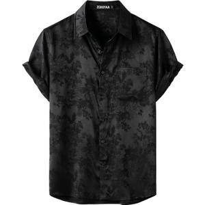 ZEROYAA Men's Shiny Luxury Silk Satin Floral Jacquard Short Sleeve Regular Fit Button Down Shirt for Party Prom, Size XL