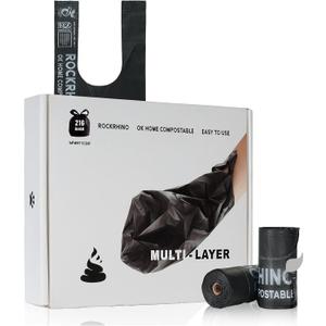Ultra Thick RockRhino Dog Poop Bags - ECO Heavy Duty, Multi-Layer Bottom, 0% Plastic, 100% Home Compostable, Mint-Scented, Easy Open Tie Handles, Glove-Like Fit - 216 Bags
