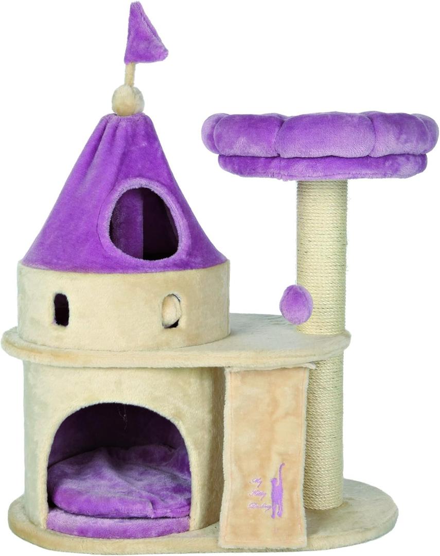 TRIXIE My Kitty Darling Castle Condo, Scratching Post, Cat Tree, Pom Pom, Crinkle Toy | Beige 27.5 x 14.75 x 35.25 In
