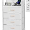 Furnulem Night Stand with Charging Station, Dresser with PVC & Fabric Drawers, 33.3 Inch Side Table with Open Shelf, Tall Bedside Table for Closet, Entryway, Bedroom Furniture, 3 Ways to Use, White