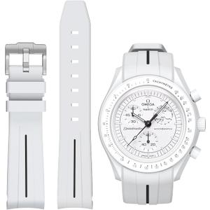 Bands for Moonswatch Watch,Curved No Gap Rubber Strap Compatible with Omega X Swatch Moonswatch Speedmaster/Rolex/SEIKO 20mm Watch,Swatch Omega Moonswatch Speedmaster Watch Replacement Band Men Women (White black line)