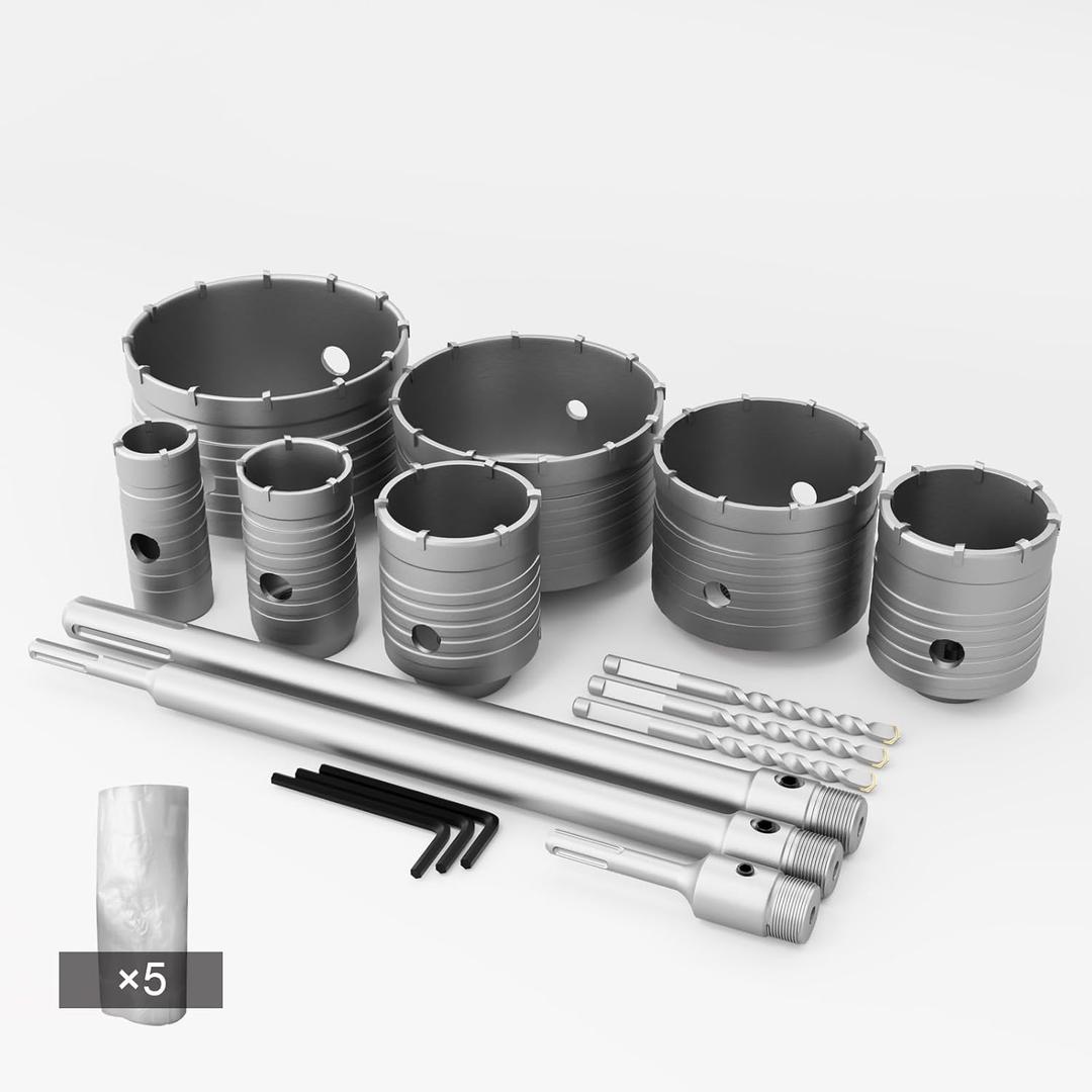 GSTK 7pcs Concrete Hole Saw Set (30mm, 40mm, 50mm, 65mm, 80mm, 100mm, 120mm) with SDS Plus Shank Attachment Bar - Ideal for Concrete, Cement, Brick, Stone, and Walls. (16PCS Carton packing)
