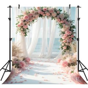 5X7FT Flowers Backdrops Pink Rose Flowers Background for Seaside Wedding Birthday Dessert Cake Table Decoration Vinyl