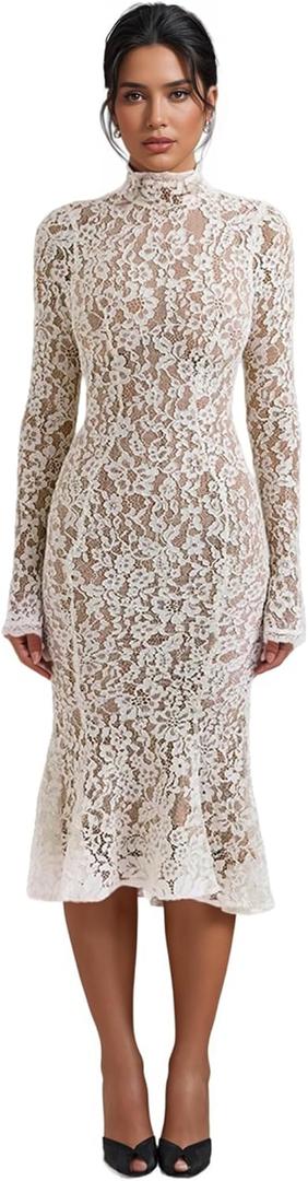 Women Vintage Mock Neck Floral Lace Long Sleeves Midi Dress with Back Zipper Elegant Flowy Bodycon Dresses (S)