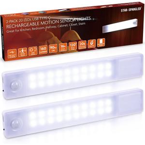STAR-SPANGLED Under Cabinet Lighting Rechargeable, 8 inch Motion Sensor Lights Indoor Battery Operated, USB Stick on LED Magnetic Closet Light Wireless for Counter, Stairs, Kitchen, Cool White, 2 Pack (8 inch, White)